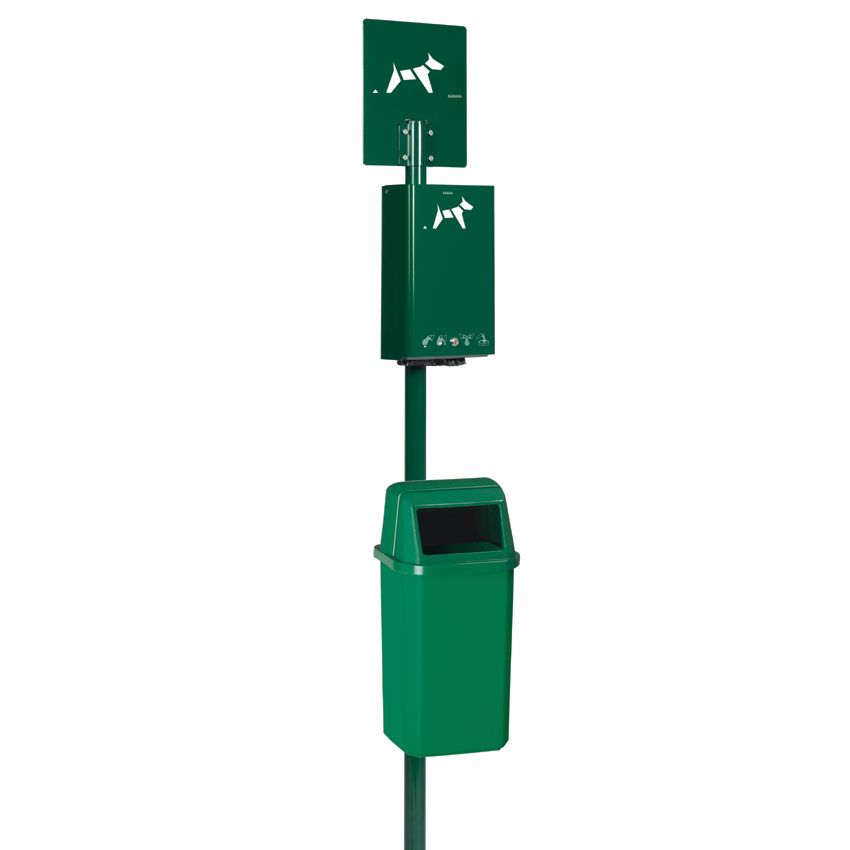 Borne de propreté canin Mirza Ral 6005 Vert mousse avec poubelle 20L en option
